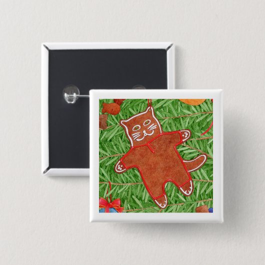 GINGERBREAD KAT Vierkante Pin Button / Wit (Voorkant /achterkant)