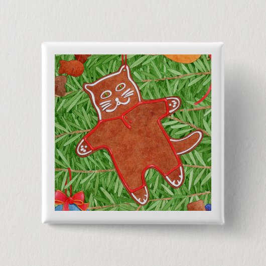 GINGERBREAD KAT Vierkante Pin Button / Wit (Voorkant)