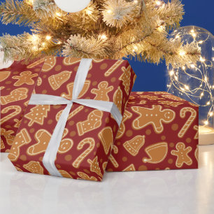 Gingerbread Kerstkoekjes Donkerrood Naadloos Cadeaupapier