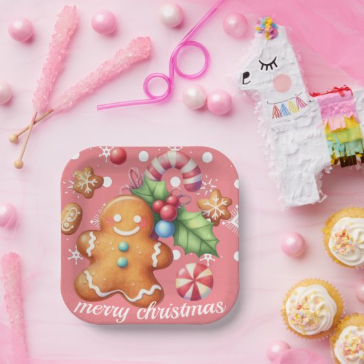 Gingerbread Kerstmis Pepermunt Blauw Naam Roze Papieren Bordje (Feest)