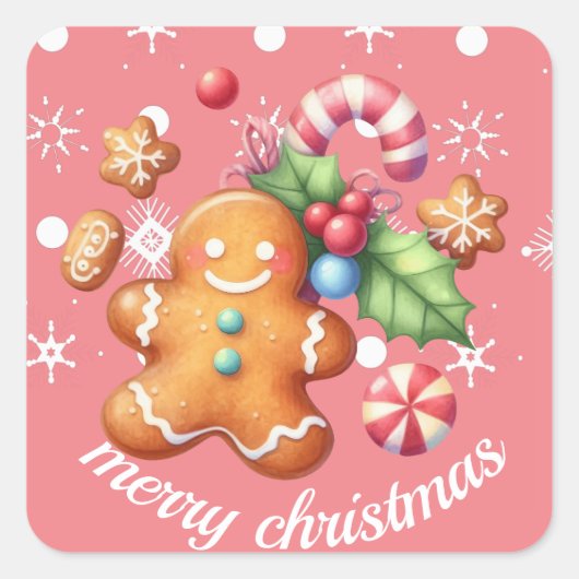 Gingerbread Kerstmis Pepermunt Blauw Naam Roze Vierkante Sticker (Voorkant)