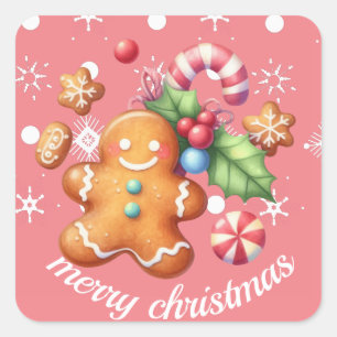 Gingerbread Kerstmis Pepermunt Blauw Naam Roze Vierkante Sticker