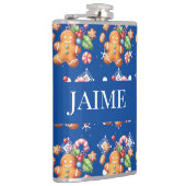 Gingerbread Kerstmis Pepermunt Blauw Naam Sneeuw Heupfles (Rechts)