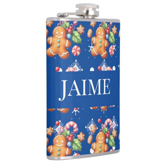 Gingerbread Kerstmis Pepermunt Blauw Naam Sneeuw Heupfles (Rechts)