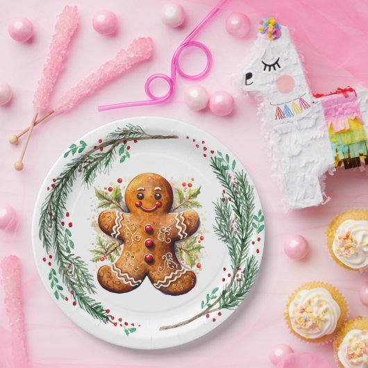 Gingerbread Koekje en Kerstmis Holly Papieren Bordje (Feest)