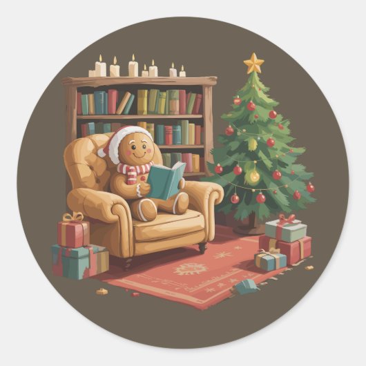 Gingerbread Leesboeken Kerstleraar Ronde Sticker (Voorkant)