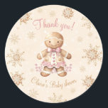 Gingerbread Little Sweetie Christmas Baby shower Ronde Sticker<br><div class="desc">Kerst baby shower stickers met een schattige peperkoek man meisje in roze en beige,  peperkoek koekjes en faux gouden sneeuwvlokken. Eenvoudig de tekst personaliseren - Kate Eden Art</div>