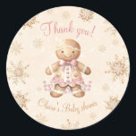 Gingerbread Little Sweetie Christmas Baby shower Ronde Sticker<br><div class="desc">Kerst baby shower stickers met een schattige peperkoek man meisje in roze en beige,  peperkoek koekjes en faux gouden sneeuwvlokken. Eenvoudig de tekst personaliseren - Kate Eden Art</div>