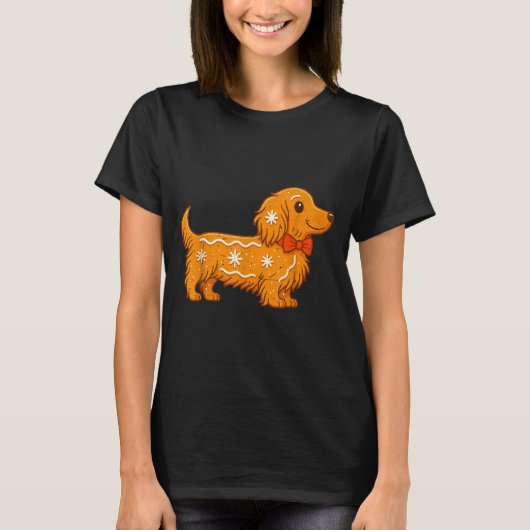Gingerbread Long Hair Dachshund Christmas Pajama T T-shirt (Voorkant)