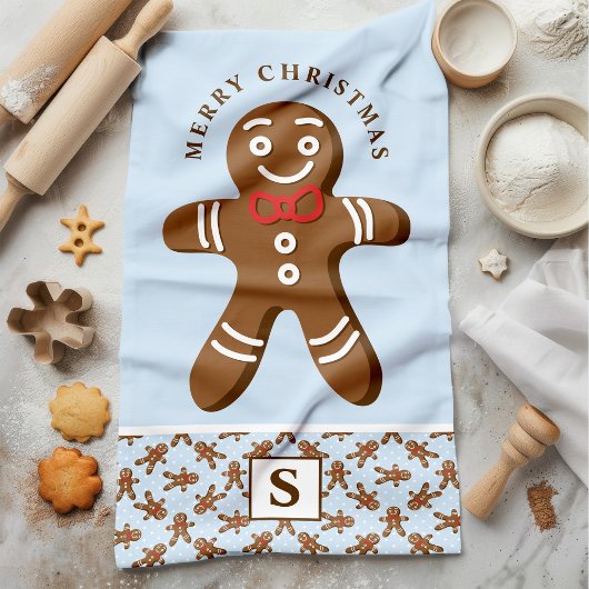 Gingerbread Man Blauw Monogram Vrolijk Kerstfeest Theedoek