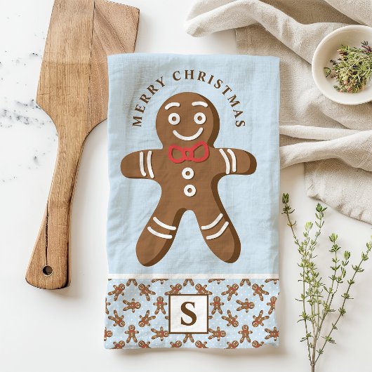 Gingerbread Man Blauwe Monogram Prettig Kerstfeest Theedoek