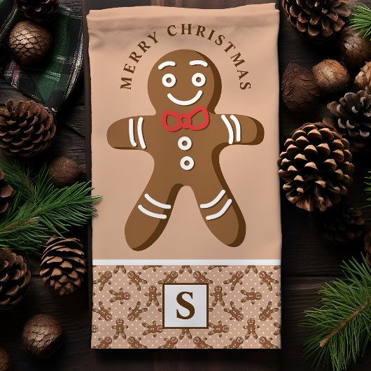 Gingerbread Man Brown Monogram Vrolijk Kerstfeest Theedoek