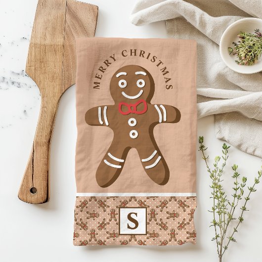 Gingerbread Man Brown Monogram Vrolijk Kerstfeest Theedoek
