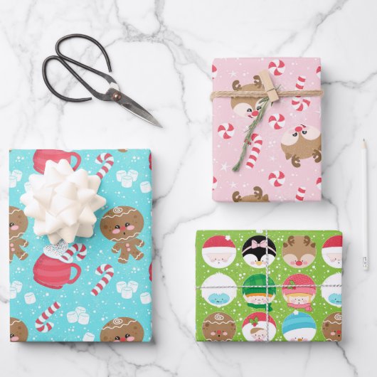 Gingerbread Man, Candy Cane Rendier & Kerstmis Inpakpapier Vel (Voorkant)