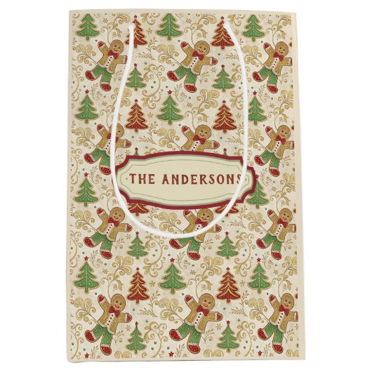 Gingerbread Man & Christmas Trees Custom Medium Cadeauzakje (Voorkant)