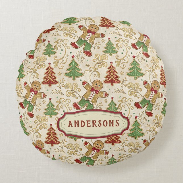  Gingerbread Man & Christmas Trees Custom Rond Kussen (Voorkant)