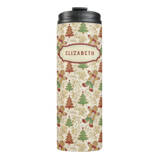 Gingerbread Man & Christmas Trees Custom Thermosbeker (Voorkant)
