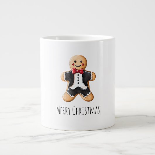 Gingerbread Man Cookie in Tuxedo Kerstmis Grote Koffiekop (Voorkant)