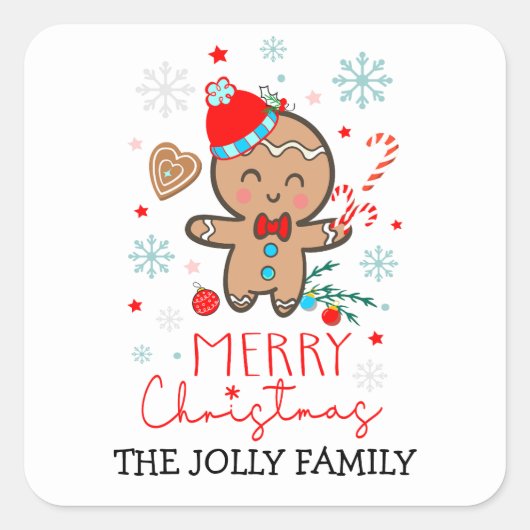 Gingerbread Man Cookie Sneeuwvlokken Vrolijk Kerst Vierkante Sticker (Voorkant)