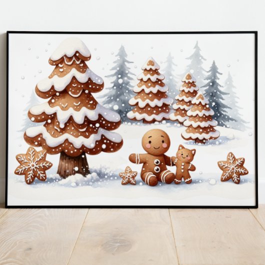 Gingerbread Man en Kat in de Sneeuw Poster