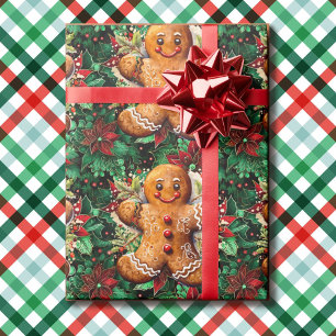 Gingerbread Man en Poinsettias Kerstklassiekers Cadeaupapier