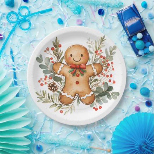 Gingerbread Man Greenery Christmas Paper Plate Papieren Bordje (Feest)