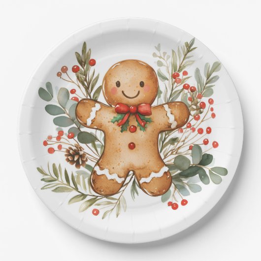 Gingerbread Man Greenery Christmas Paper Plate Papieren Bordje (Voorkant)