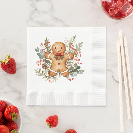 Gingerbread Man Greenery Foliage Christmas Napkin Servet (Insitu)