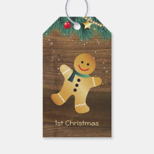 Gingerbread man, heilige baby 1e kerst cadeaulabel (Voorkant)