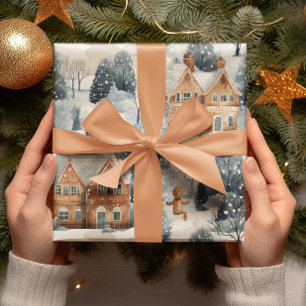 Gingerbread Man & House Snowy Christmas Cadeaupapier