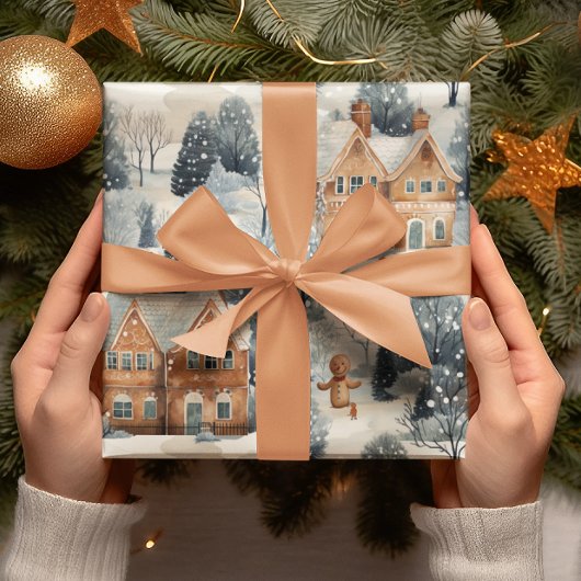 Gingerbread Man & House Snowy Christmas Cadeaupapier