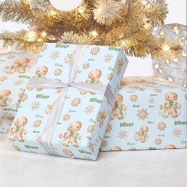 Gingerbread Man Jongen Naam Blauw Groen Kerstmis Cadeaupapier