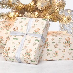 Gingerbread Man Jongen Naam Groen Beige Kerstmis Cadeaupapier