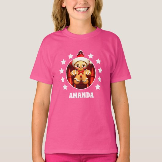 Gingerbread Man Kerst Gepersonaliseerd Kinder Roze T-shirt (Voorkant)