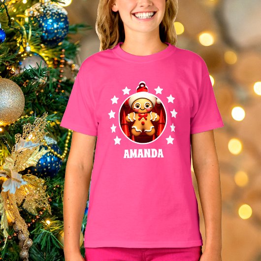 Gingerbread Man Kerst Gepersonaliseerd Kinder Roze T-shirt