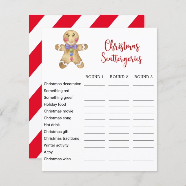 Gingerbread man Kerstmis Scattergories Game Kaart (Voorkant / Achterkant)