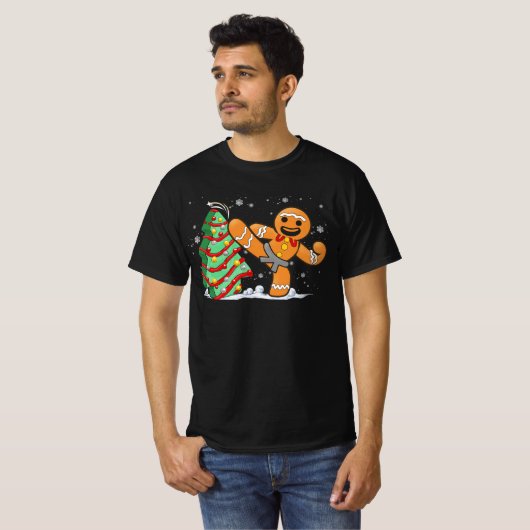 Gingerbread Man Kung Fu Kerst Grappig Cookie Can T-shirt (Voorkant volledig)