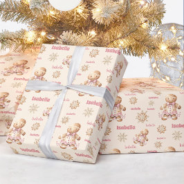 Gingerbread Man Meisje Roze Beige Naam Kerstmis Cadeaupapier