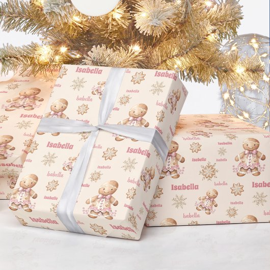 Gingerbread Man Meisje Roze Beige Naam Kerstmis Cadeaupapier
