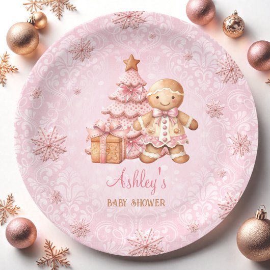 Gingerbread Man Meisje Roze Kerst Baby shower Papieren Bordje