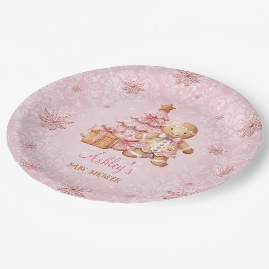 Gingerbread Man Meisje Roze Kerst Baby shower Papieren Bordje (Gekanteld)