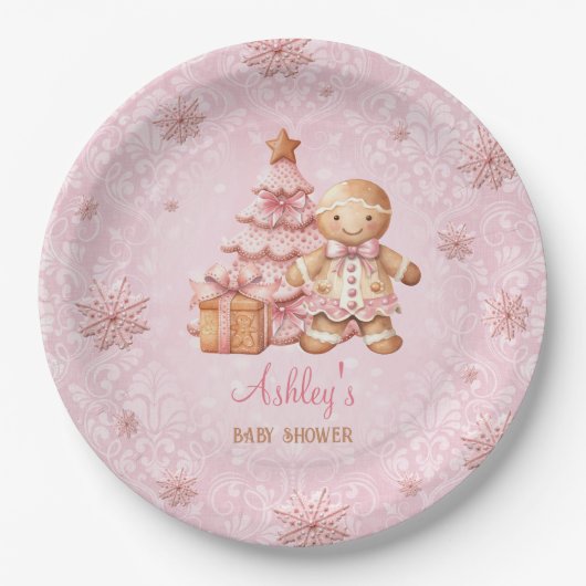 Gingerbread Man Meisje Roze Kerst Baby shower Papieren Bordje (Voorkant)