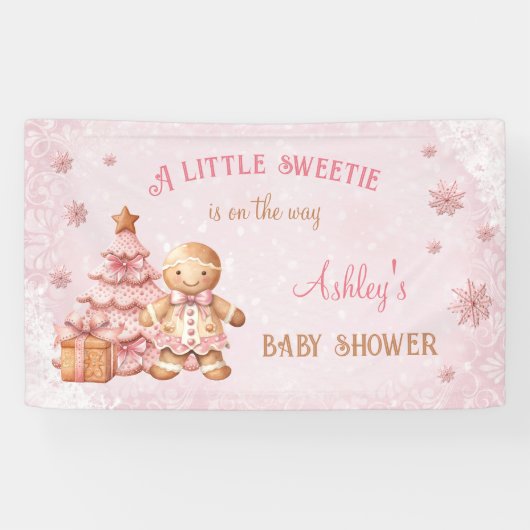 Gingerbread Man Meisje Roze Kerst Baby shower Spandoek (Horizontaal)
