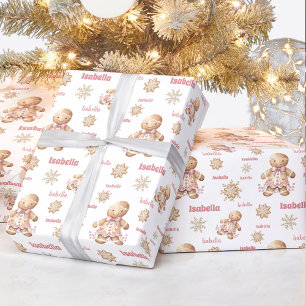 Gingerbread Man Meisje Roze Naam Tekst Kerstmis Cadeaupapier