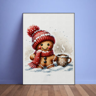 Gingerbread Man met een koffiekopje in Snow Poster