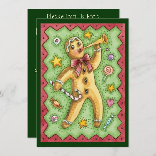 Gingerbread Man met Kerst Snoep Uitnodiging (Voorkant / Achterkant)