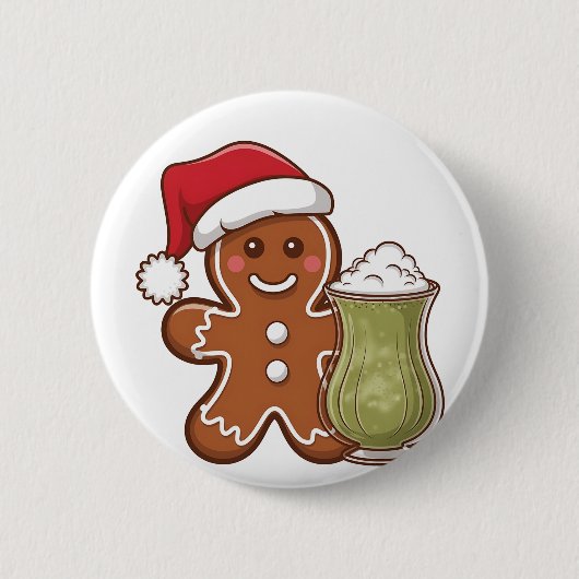 Gingerbread Man met Matcha Drink Kerst Ronde Button 5,7 Cm (Voorkant)