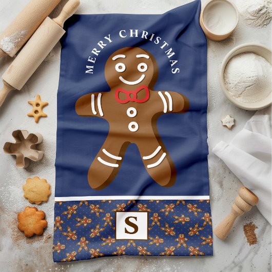 Gingerbread Man Navy Monogram Vrolijk Kerstfeest Theedoek
