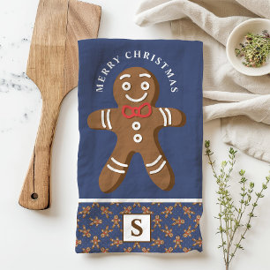 Gingerbread Man Navy Monogram Vrolijk Kerstfeest Theedoek