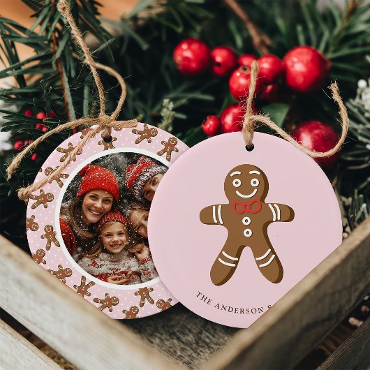 Gingerbread Man Pink Polka Dot Kerstfoto Keramisch Ornament